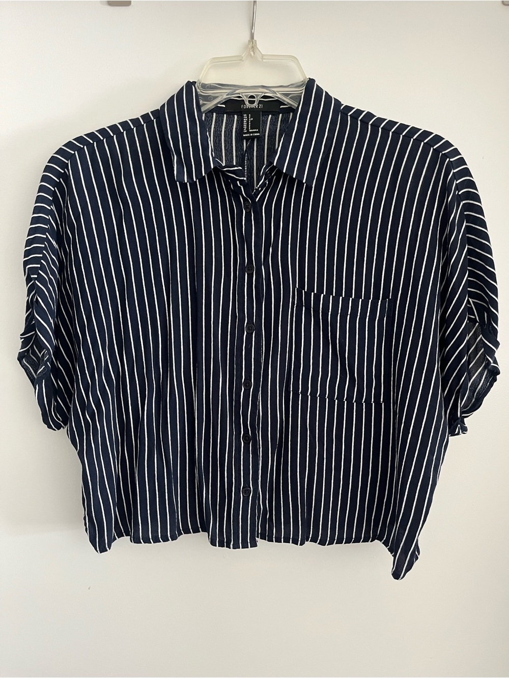 Forever 21 Navy Stripe Button-Up Crop Top